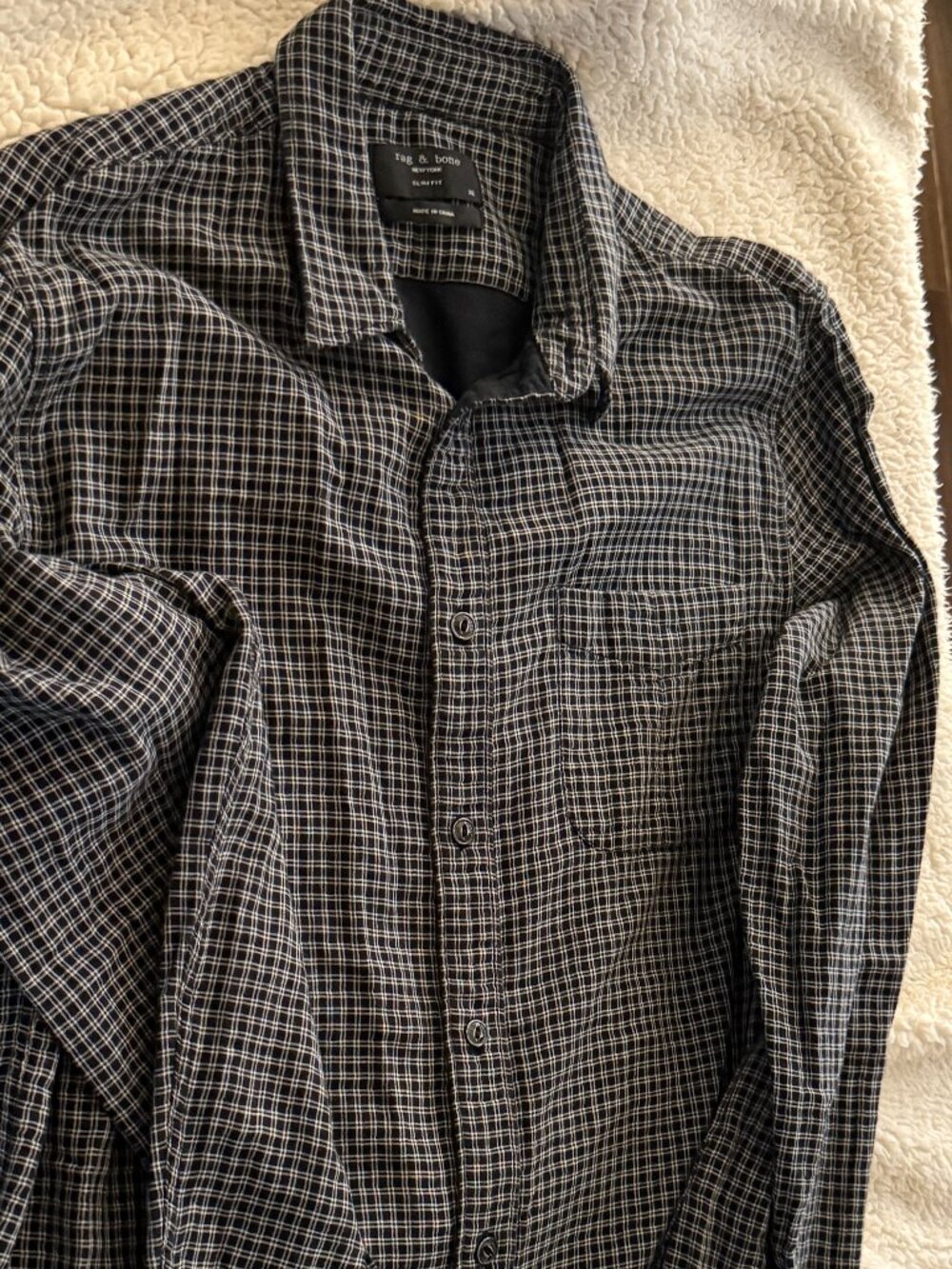 Rag & Bone New York Slim Fit Plaid Shirt — Navy/Gold — Size XL